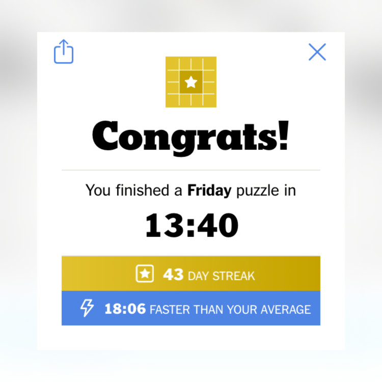 screenshot showing 43 day crossword puzzle streak