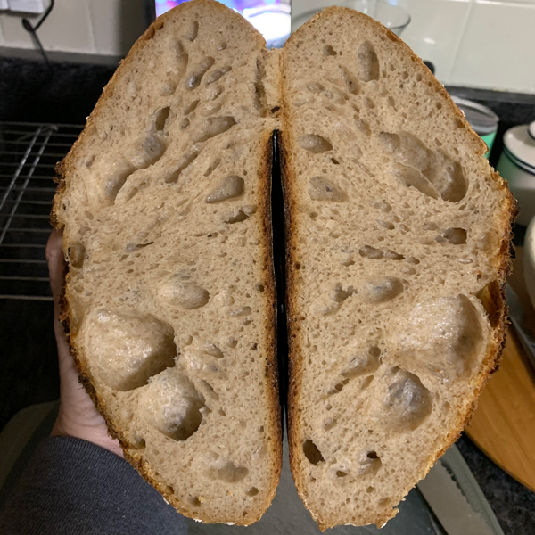 sourdough bread cut in half.