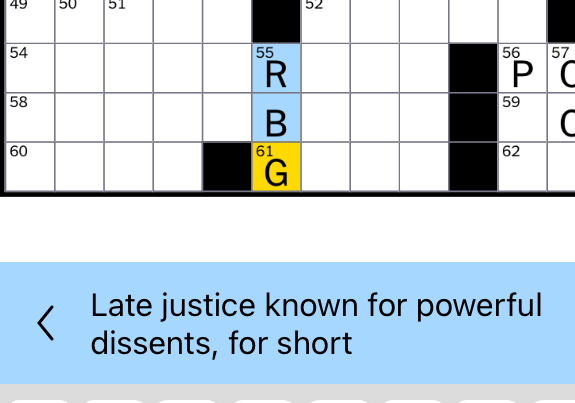 screenshot of crossword puzzle clue referencing the death of Ruth Bader Ginsburg.