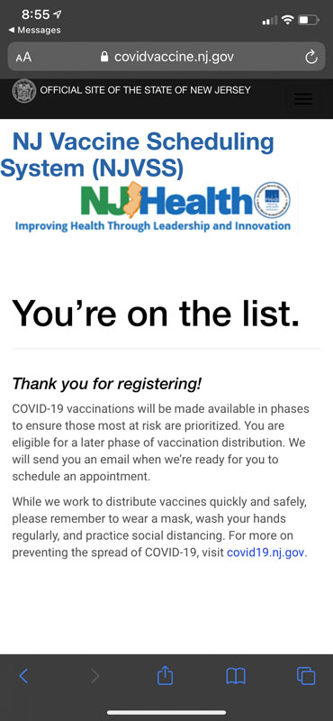 screenshot of a vaccine registration confirmation