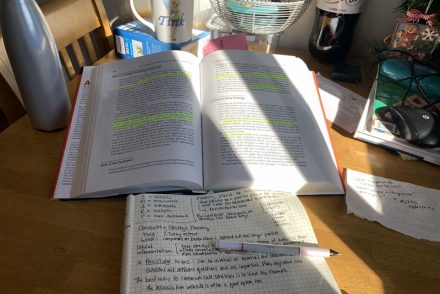 a text book and notebook on a kitchen table with sunlight streaming in