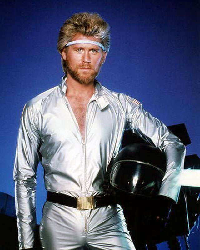 Barry Bostwick in Megaforce. He's in a sliver lame jumpsuit.