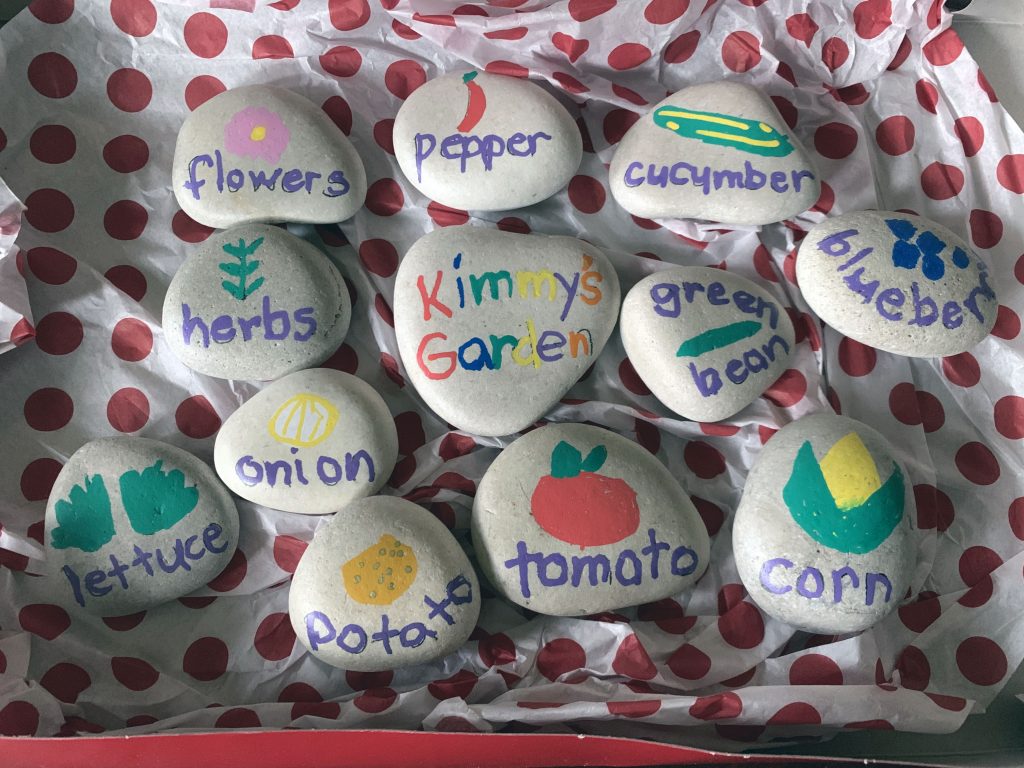 assortment of stones with vegetables painted on them. for use in the garden to mark where plants are