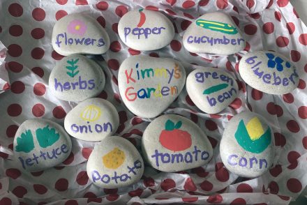 assortment of stones with vegetables painted on them. for use in the garden to mark where plants are