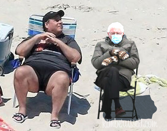 a photoshopped image of Bernie Sanders sitting next to Chris Christie on the beach.