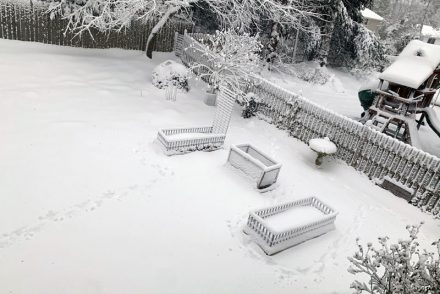 second story shot of the garden beds covered in snow
