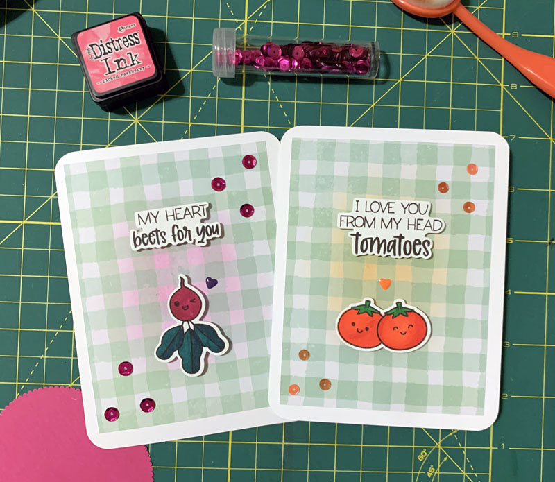 Valentine cards, featuring a beet and tomatoes. Text on the cards say "my heart beets for you" and "I love you from my head tomatoes"