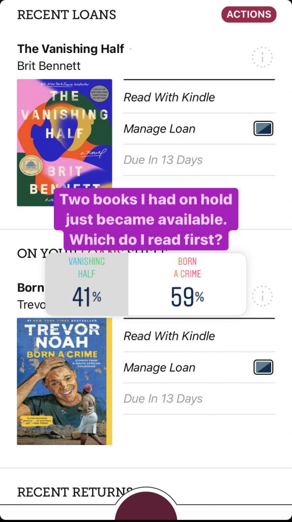 screenshot of instagram poll results - 59% for Born a Crime and 41% for The Vanishing Half