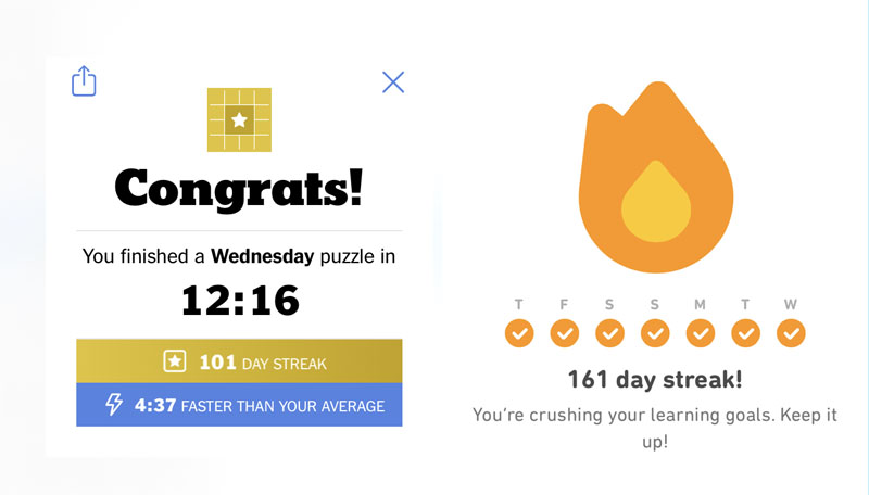 screenshots of my duolingo and NYT crossword streaks.