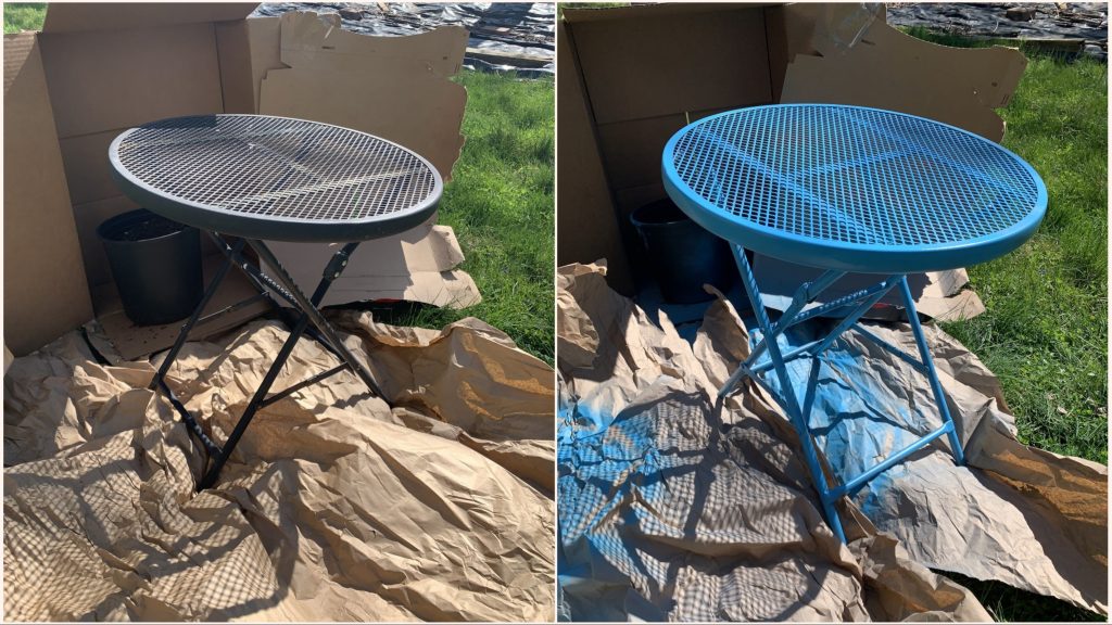 the before and after of an old outdoor table. It was black, now it's blue!