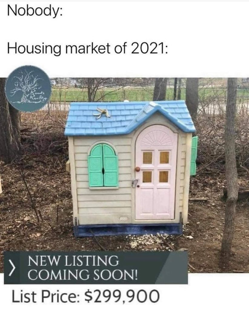 Housing market of 2021 - image of a child's plastic playhouse with "New Listing Coming Soon - $299,900"