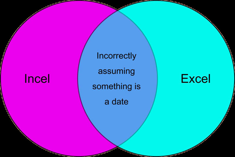 venn diagram with Incel and Excel in the circles. where they intersect says "incorrectly assuming something is a date"