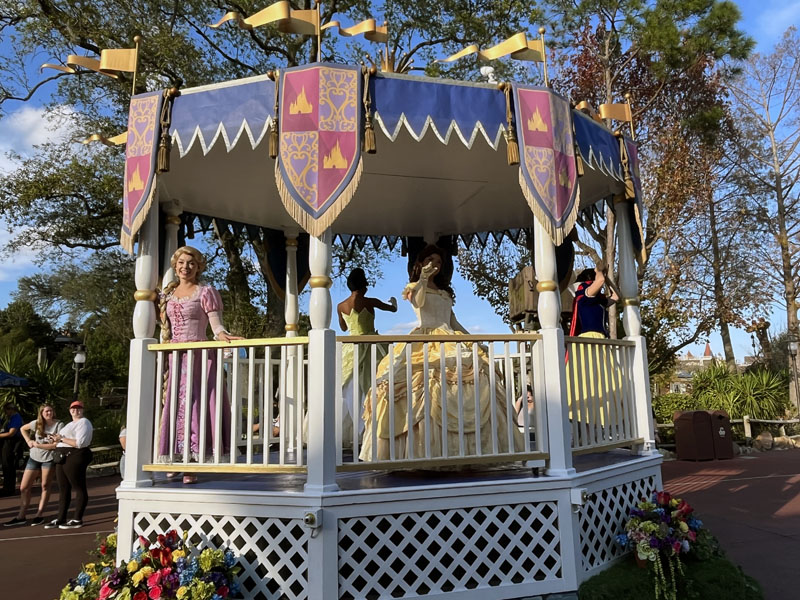 a float with rapunzel, tiana, belle, and snow white