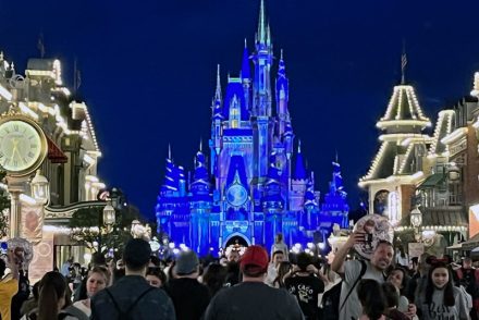 Cinderella castle lit up at night