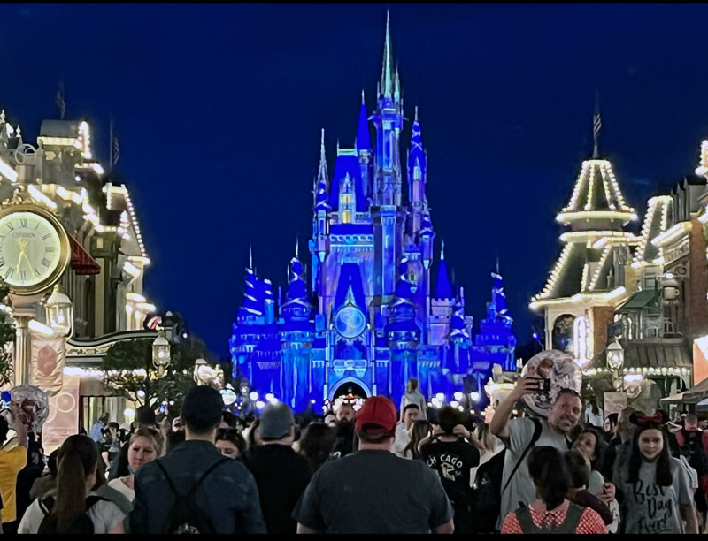 Cinderella castle lit up at night