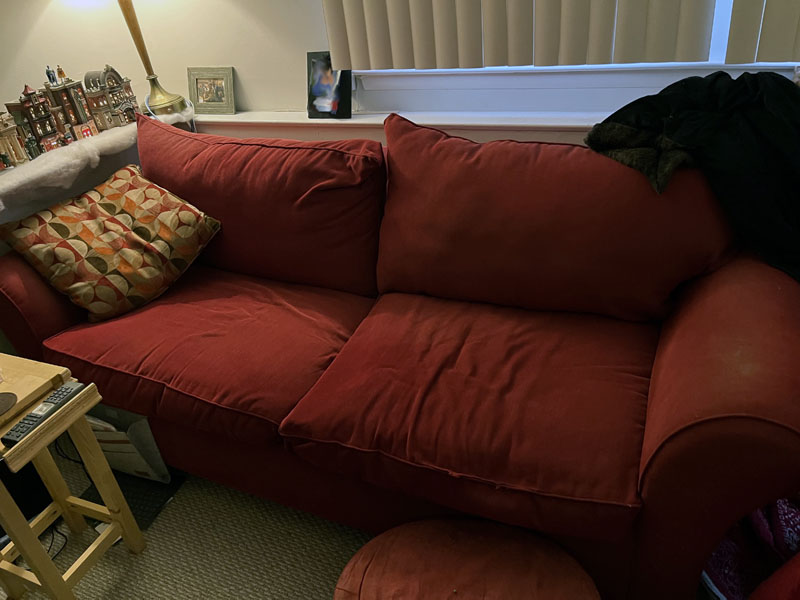 a saggy red sofa, much used and much loved