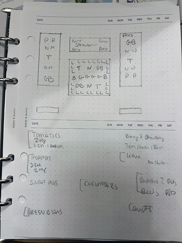 photo of a notebook page, with a rough sketch of where I want each plant to go in the beds.