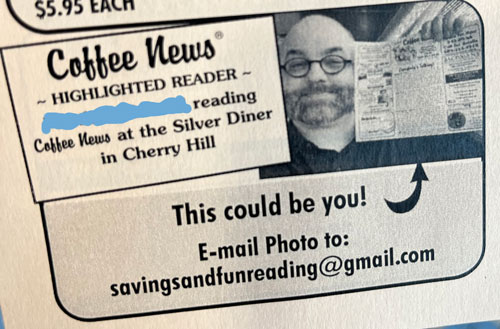 a photo of a flyer featuring a photo of WM holding a flyer. Very meta.