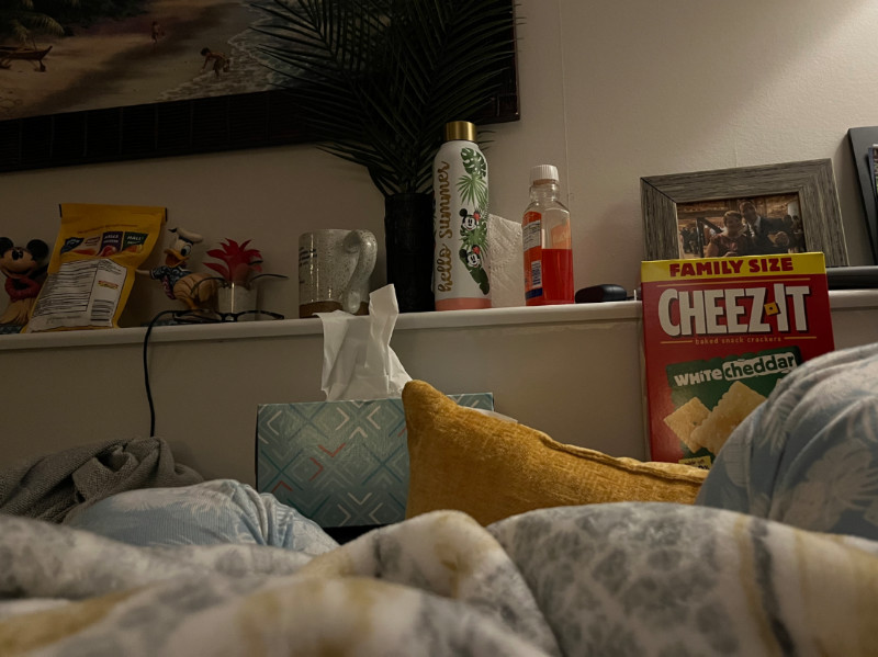 sofa with tissues, dayquil, snacks, and water in the background