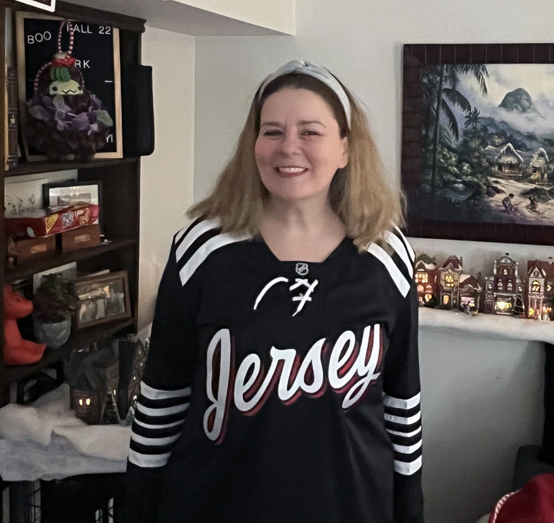 photo of me a few days ago, in a Jersey Devils hockey jersey - fifty years old and happy!