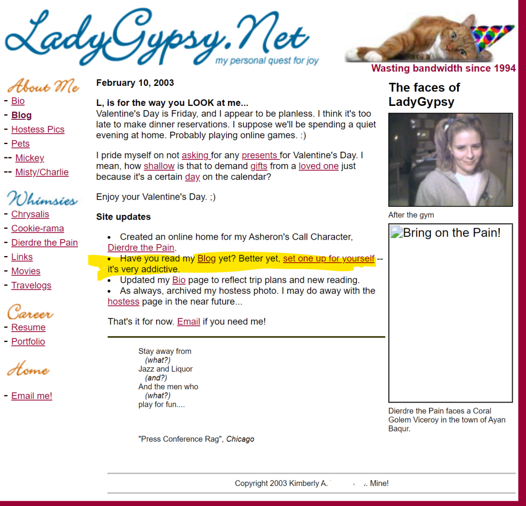 screenshot of ladygypsy.net from February 2003 where I mention my blog for the first time.