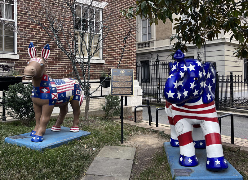 Americana print Donkey and Elephant statues called "Party Animals"