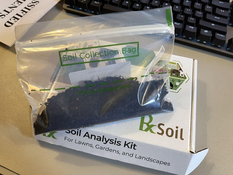 a plastic bag filled with soil, ready to mail 