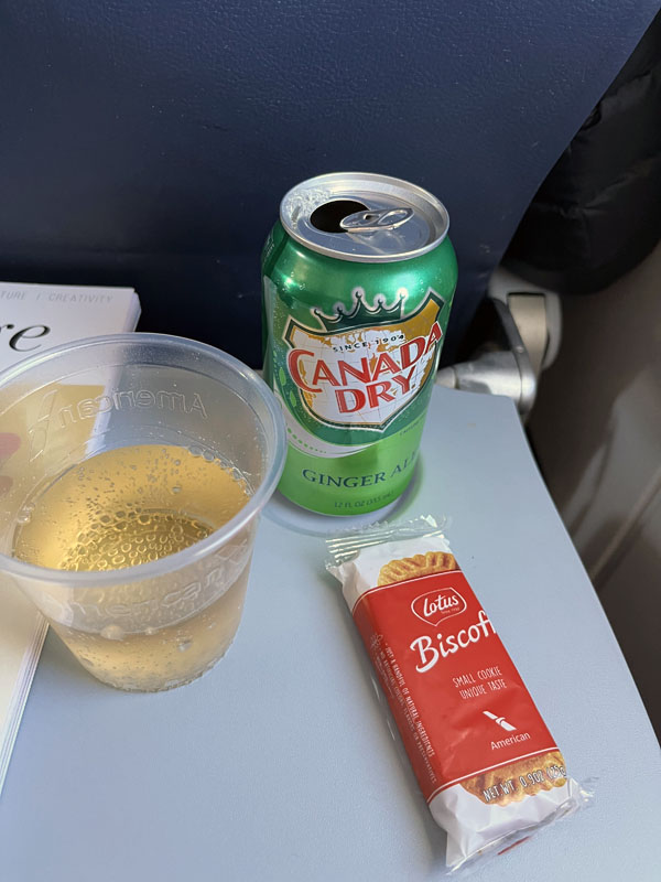 ginger ale and biscoff on the flight to austin
