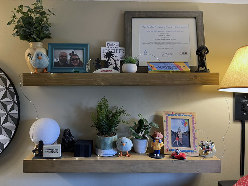 shelves with a bunch of fake plants and tchotchkes on them