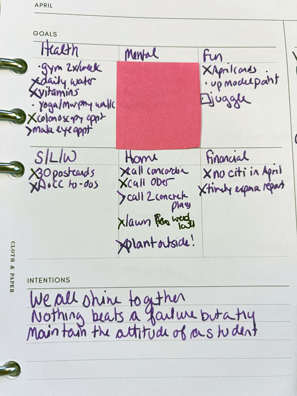 April goal page from planner - everything explained in text below.