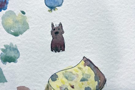 watercolored doodles. a bird, a paint-covered sponge, and Max, my gone-but-never-forgotten terrier