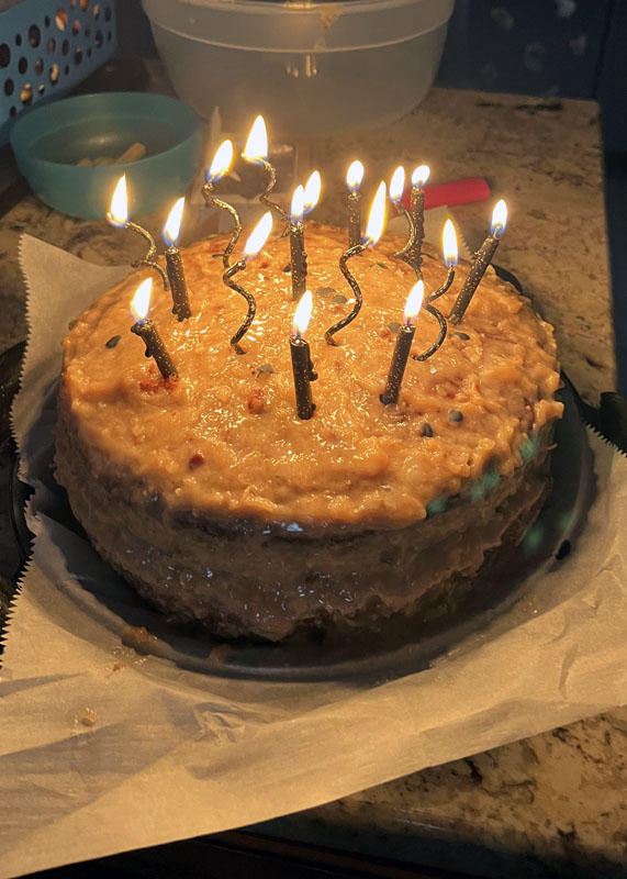 a german chocolate birthday cake with lit black candles