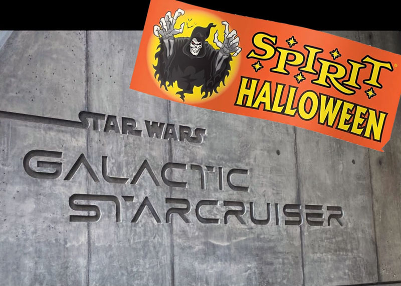 The Star Wars Galactic Starcruiser sign with a Sptrit Halloween banner photoshopped over it.