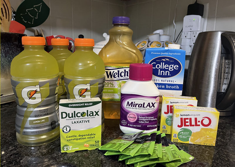 colonoscopy prep supplies: 3 bottles of lemon/lime Gatorade; white grape juice, chicken broth, lemon jello, Dulcolax, Miralax, and peppermint tea.