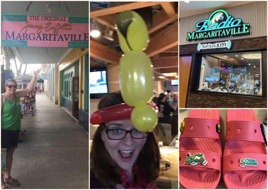 Collage: Kim at the original Margaritaville in Key West, Kim wearing a parrot balloon animal on her head, the Radio Margaritaville station in Nashville, my Margaritaville Croc jibbitz