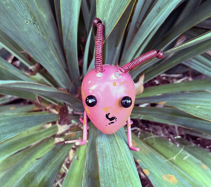 a pink metal sculpture of a bug in a plant, found while walking through my neighborheed