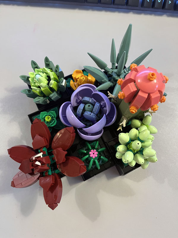 Nine Lego Succulent plants connected together.