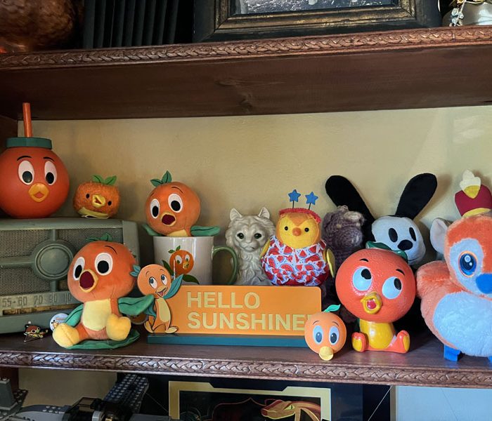 a shelf with too many Orange Bird items on it, along with a vintage radio.