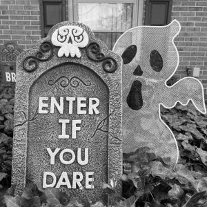 a black and white photo of Halloween decorations. The foam gravestone says "ENTER IF YOU DARE" and there is a metal ghost peeking out from behind it. They are both placed into the ivy patch outside of my house.