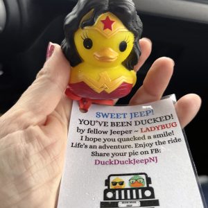 a wonder woman rubber duckie, with a tag explaining that we've been ducked