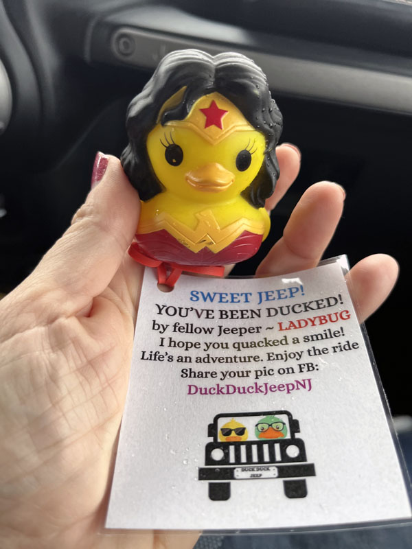 a wonder woman rubber duckie, with a tag explaining that we've been ducked