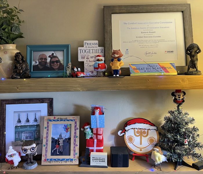 kim's desk shelves decorated for the Christmas holiday, including some small Target birds, a Mary Blair inspired piece, and a small tree.