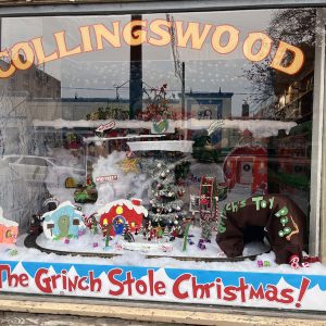 collingswood hardware storefront window decorated for Christmas