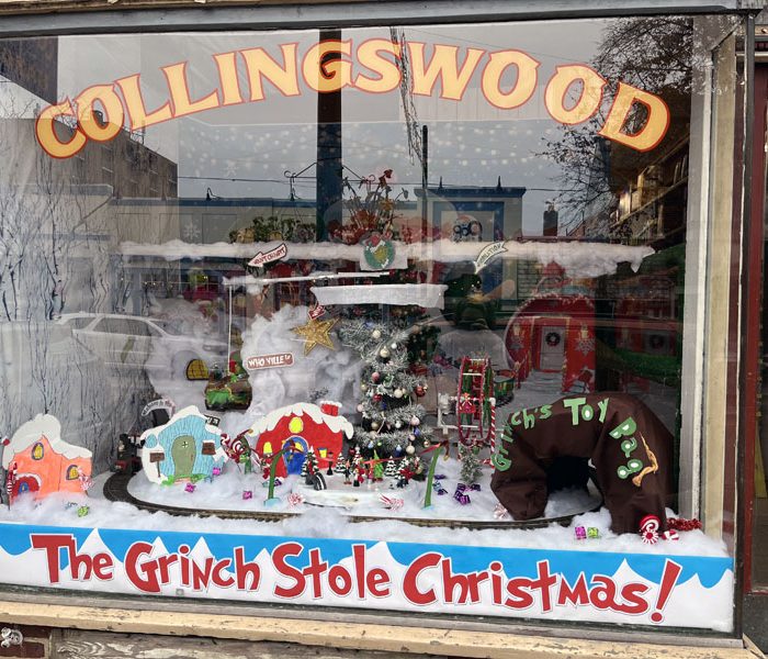 collingswood hardware storefront window decorated for Christmas