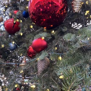 closeup of large ornaments on the tree in Bryant park NYC