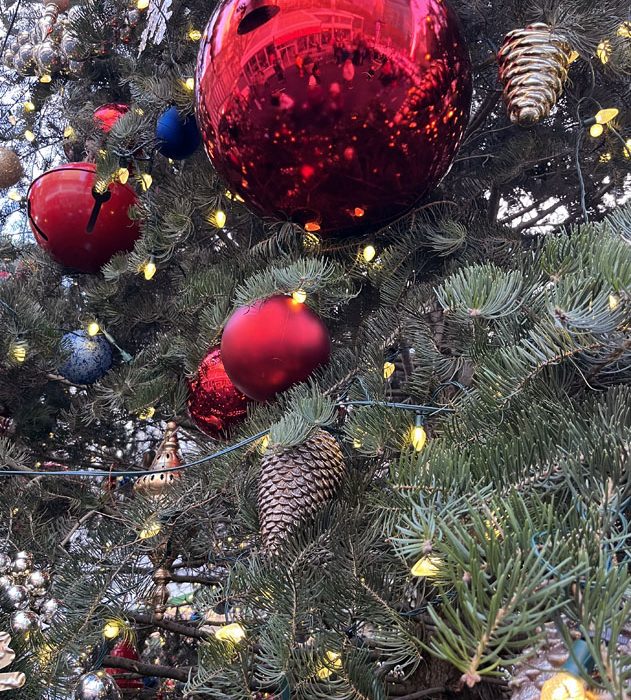 closeup of large ornaments on the tree in Bryant park NYC