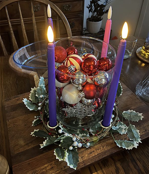 Kim's advent wreath with 2 purple candle lit