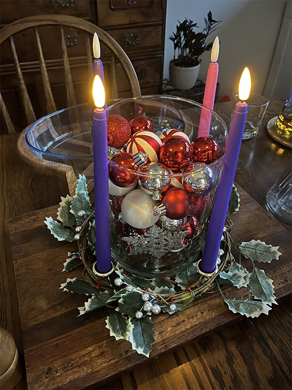 Kim's advent wreath with 2 purple candle lit
