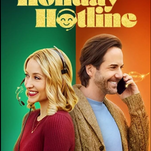 Movie poster for Hallmark's holiday hotline. She's in red, wearing a telephone headset. He's wearing brown because this movie starts at Thanksgiving and is on his phone.