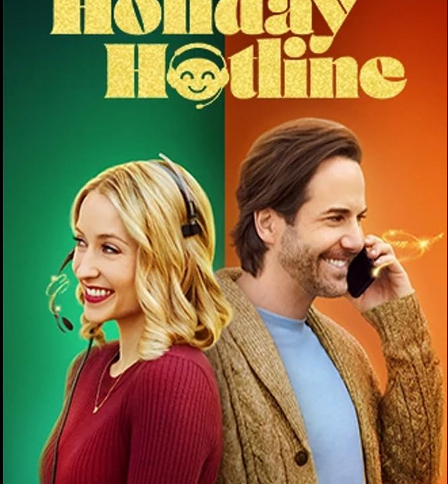 Movie poster for Hallmark's holiday hotline. She's in red, wearing a telephone headset. He's wearing brown because this movie starts at Thanksgiving and is on his phone.